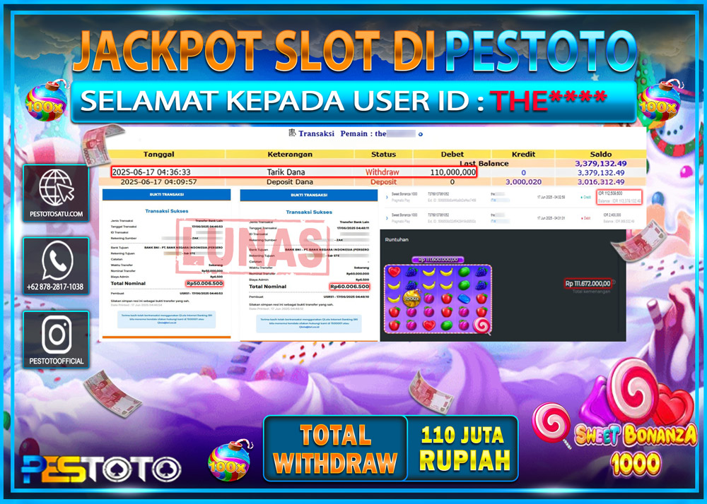 HANYA DI PESTOTO JP PASTI DI BAYAR LUNAS DAN CEPAT!!!!!! JP SLOT GAMES { SWEET BONANZA 1000 } Rp. 110.000.000 !!!