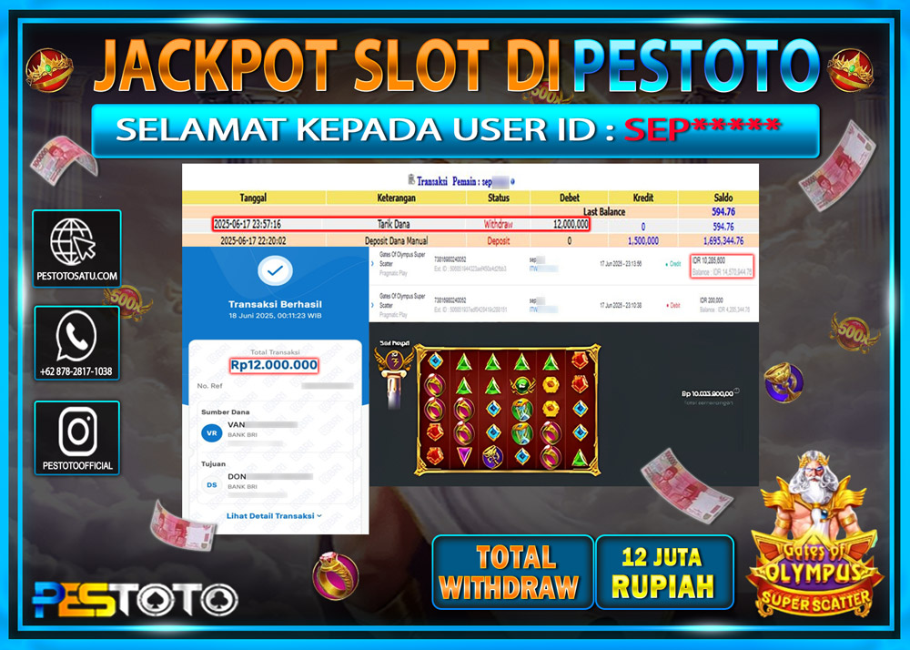 HANYA DI PESTOTO JP PASTI DI BAYAR LUNAS DAN CEPAT!!!!!! JP SLOT GAMES { GATES OF OLYMPUS SUPER SCATTER } Rp. 12.000.000 !!!