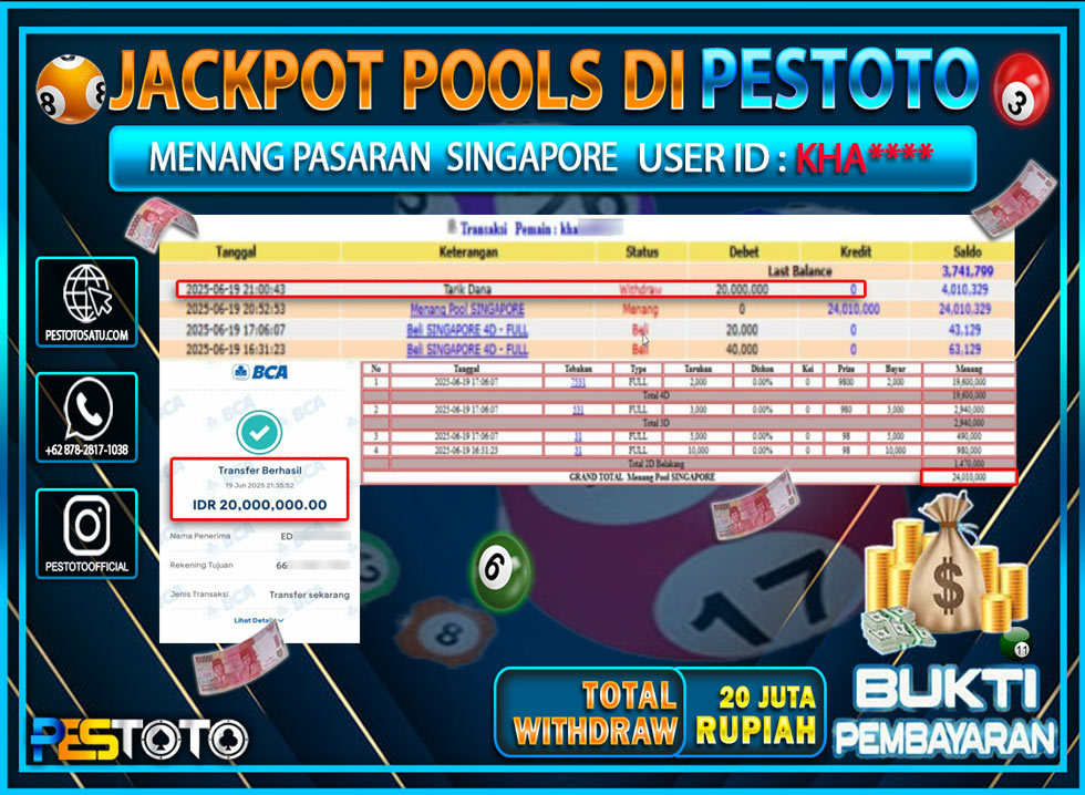 HANYA DI PESTOTO JP PASTI DI BAYAR LUNAS DAN CEPAT!!!!!! JP TOGEL { SINGAPORE POOL  } Rp. 20.000.000 !!!