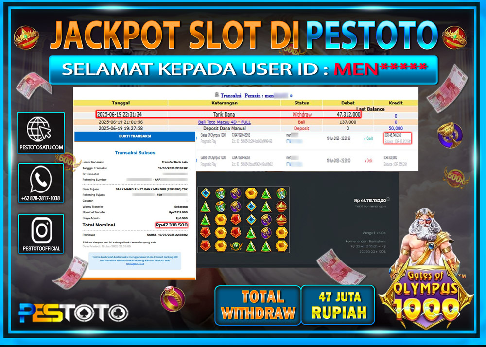 HANYA DI PESTOTO JP PASTI DI BAYAR LUNAS DAN CEPAT!!!!!! JP SLOT GAMES { GATES OF OLYMPUS 1000 } Rp. 47.000.000 !!!