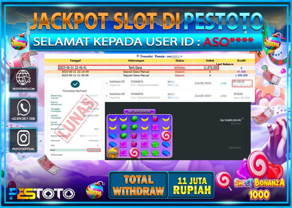 HANYA DI PESTOTO JP PASTI DI BAYAR LUNAS DAN CEPAT!!!!!! JP SLOT GAMES { SWEET BONANZA 1000 } Rp. 11.870.000 !!!
