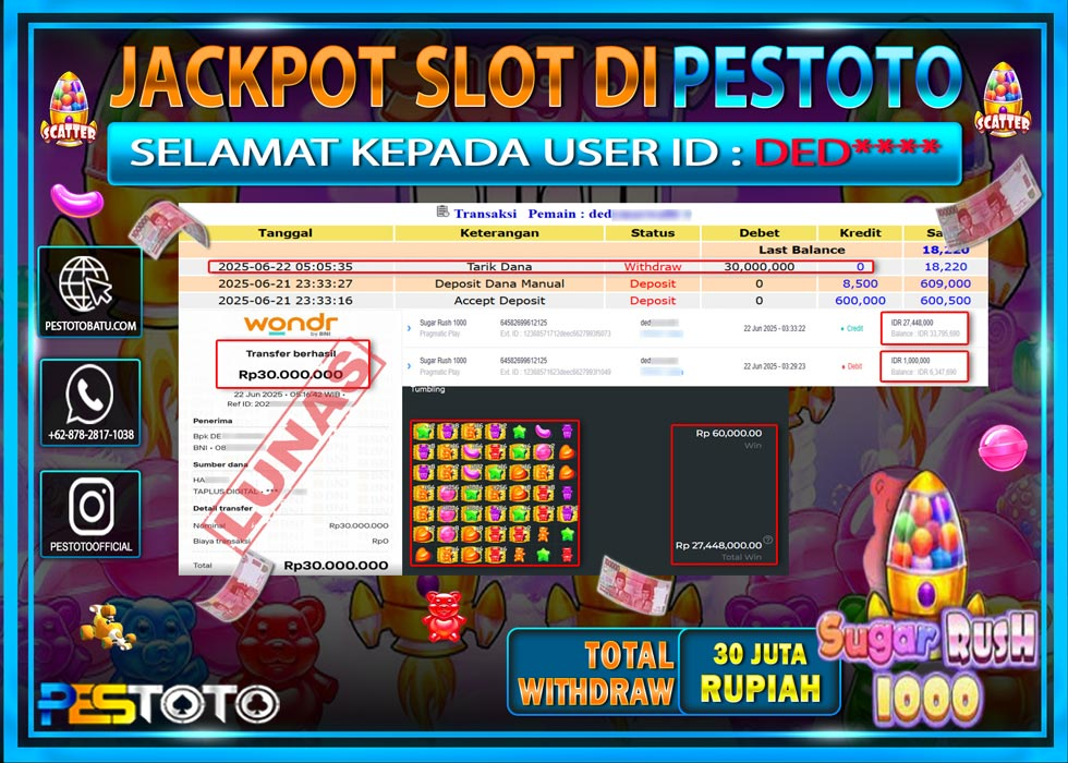 HANYA DI PESTOTO JP PASTI DI BAYAR LUNAS DAN CEPAT!!!!!! JP SLOT GAMES { SUGAR RUSH 1000 } Rp. 30.000.000 !!!