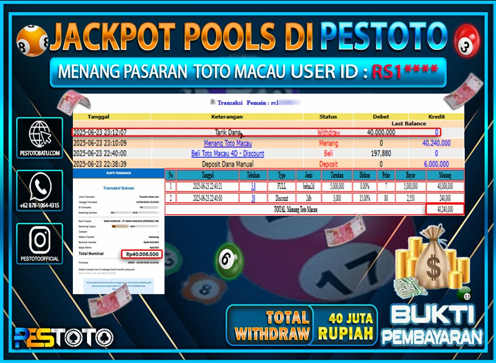 HANYA DI PESTOTO JP PASTI DI BAYAR LUNAS DAN CEPAT!!!!!! JP TOGEL { TOTO MACAU  } Rp. 40.000.000 !!!