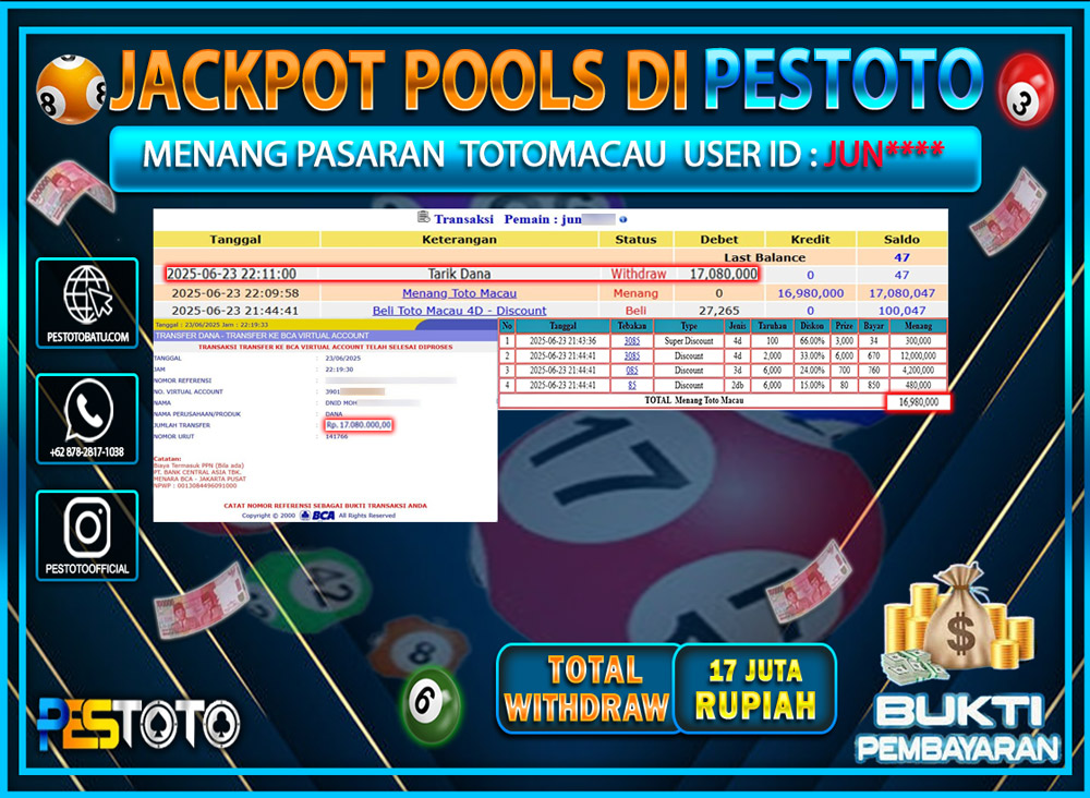 HANYA DI PESTOTO JP PASTI DI BAYAR LUNAS DAN CEPAT!!!!!! JP TOGEL { TOTOMACAU  } Rp. 17.000.000 !!!