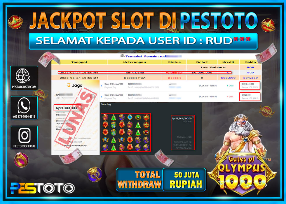 HANYA DI PESTOTO JP PASTI DI BAYAR LUNAS DAN CEPAT!!!!!! JP SLOT GAMES { GATES OF OLYMPUS 1000 } Rp. 50.000.000 !!!