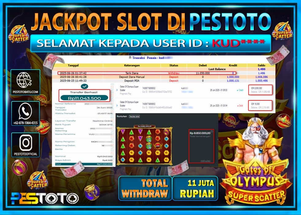 HANYA DI PESTOTO JP PASTI DI BAYAR LUNAS DAN CEPAT!!!!!! JP SLOT GAMES { GATES OF OLYMPUS SUPER SCATTER } Rp. 11.050.000 !!!