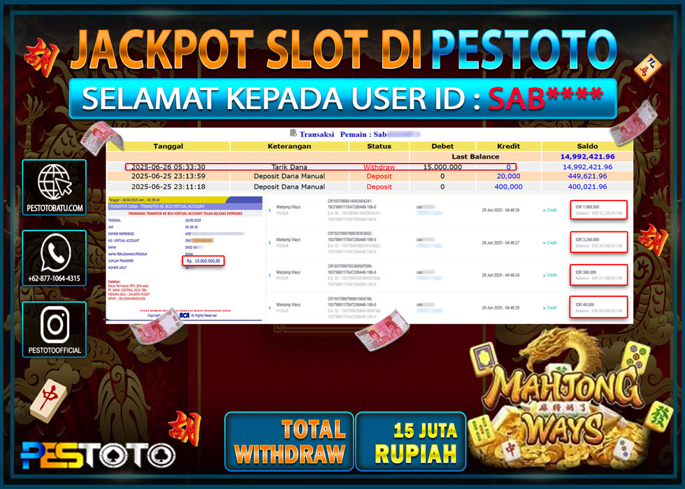 HANYA DI PESTOTO JP PASTI DI BAYAR LUNAS DAN CEPAT!!!!!! JP SLOT GAMES { MAHJONG WAYS } Rp. 15.000.000 !!!
