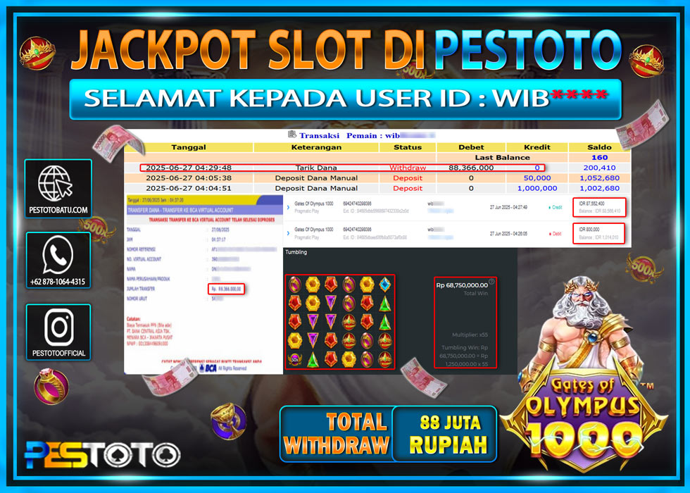 HANYA DI PESTOTO JP PASTI DI BAYAR LUNAS DAN CEPAT!!!!!! JP SLOT GAMES { GATES OF OLYMPUS 1000 } Rp. 88.366.000 !!!
