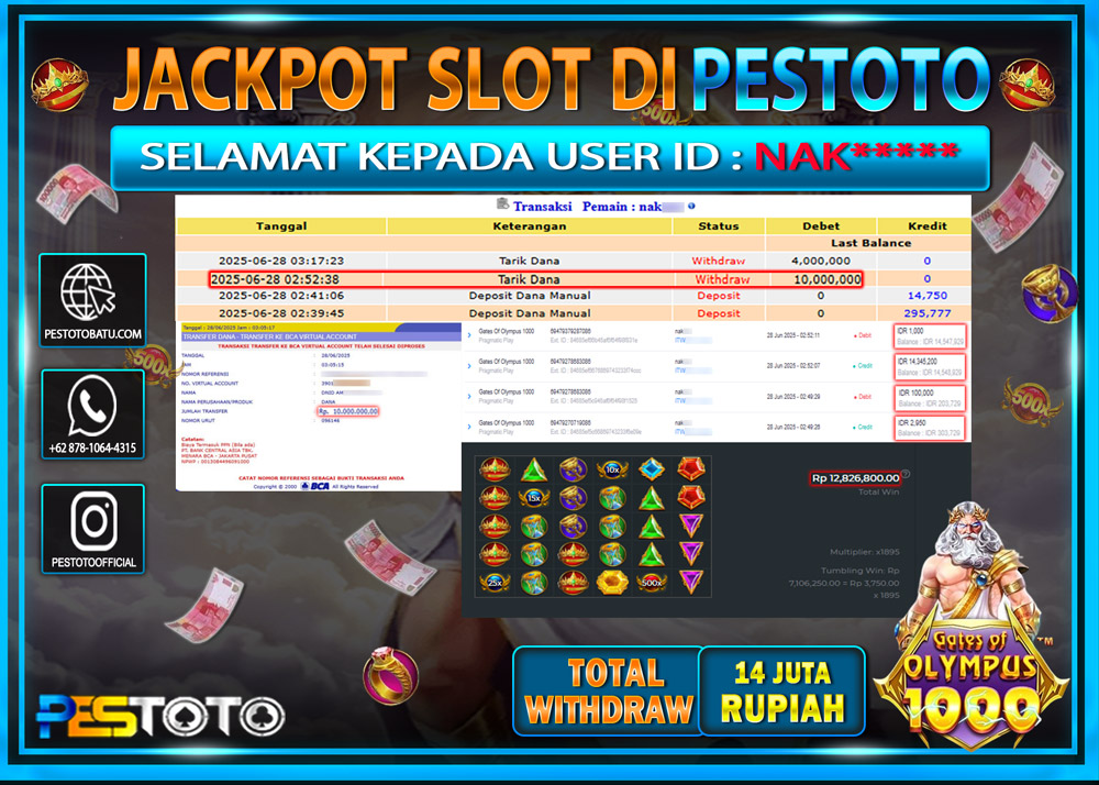HANYA DI PESTOTO JP PASTI DI BAYAR LUNAS DAN CEPAT!!!!!! JP SLOT GAMES { GATES OF OLYMPUS 1000 } Rp. 14.000.000 !!!