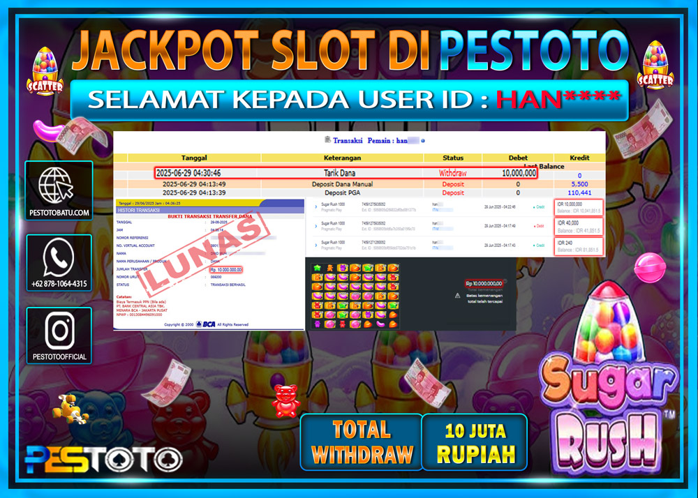 HANYA DI PESTOTO JP PASTI DI BAYAR LUNAS DAN CEPAT!!!!!! JP SLOT GAMES { SUGAR RUSH 1000 } Rp. 10.000.000 !!!