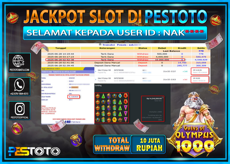 HANYA DI PESTOTO JP PASTI DI BAYAR LUNAS DAN CEPAT!!!!!! JP SLOT GAMES { GATES OF OLYMPUS 1000 } Rp. 10.000.000 !!!