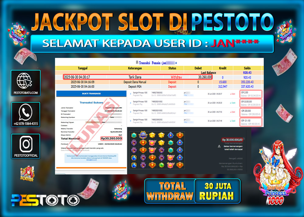 HANYA DI PESTOTO JP PASTI DI BAYAR LUNAS DAN CEPAT!!!!!! JP SLOT GAMES { STARLIGHT PRINCESS 1000 } Rp. 30.000.000 !!!