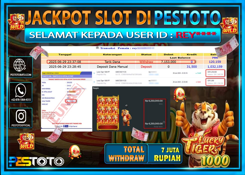 HANYA DI PESTOTO JP PASTI DI BAYAR LUNAS DAN CEPAT!!!!!! JP SLOT GAMES { LUCKY TIGER 1000 } Rp. 7.153.000 !!!