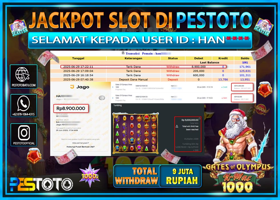 HANYA DI PESTOTO JP PASTI DI BAYAR LUNAS DAN CEPAT!!!!!! JP SLOT GAMES { GATES OF OLYMPUS X-MAS 1000 } Rp. 9.000.000 !!!