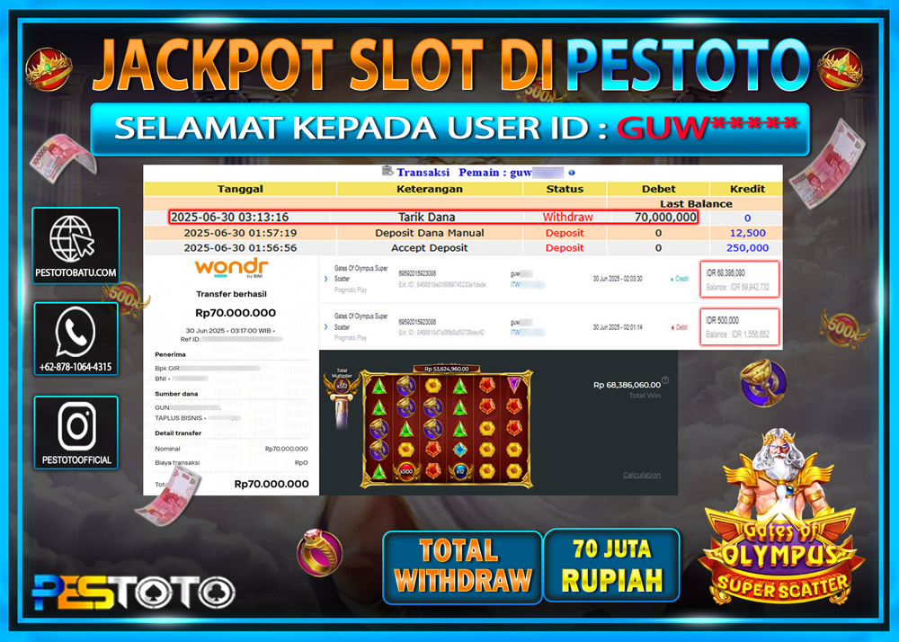 HANYA DI PESTOTO JP PASTI DI BAYAR LUNAS DAN CEPAT!!!!!! JP SLOT GAMES { GATES OF OLYMPUS SUPER SCATTER } Rp. 70.000.000 !!!
