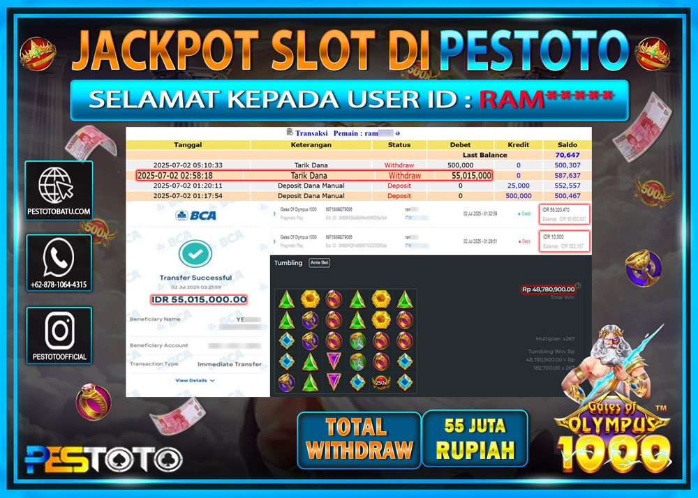 HANYA DI PESTOTO JP PASTI DI BAYAR LUNAS DAN CEPAT!!!!!! JP SLOT GAMES { GATES OF OLYMPUS 1000 } Rp. 55.000.000 !!!