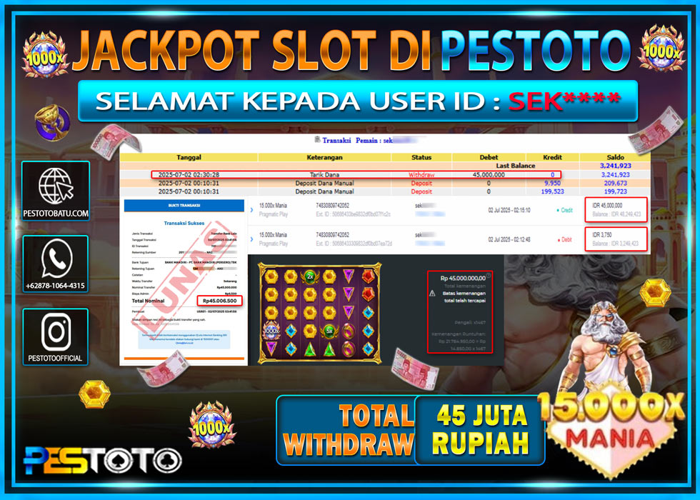 HANYA DI PESTOTO JP PASTI DI BAYAR LUNAS DAN CEPAT!!!!!! JP SLOT GAMES { GATES OF OLYMPUS 15.000X MANIA } Rp. 45.000.000 !!!