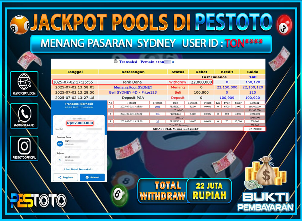 HANYA DI PESTOTO JP PASTI DI BAYAR LUNAS DAN CEPAT!!!!!! JP TOGEL { SYDNEY } Rp. 22.000.000 !!!