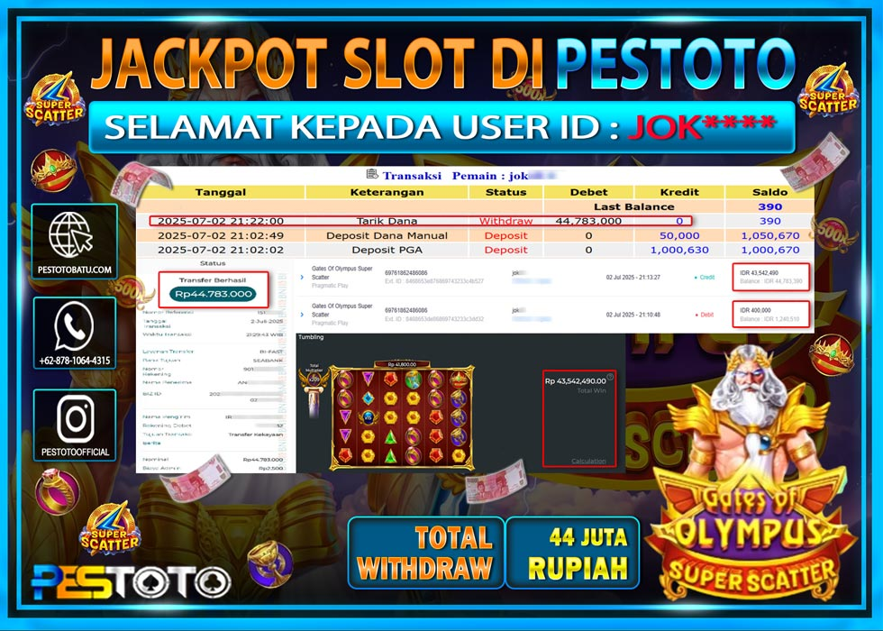 HANYA DI PESTOTO JP PASTI DI BAYAR LUNAS DAN CEPAT!!!!!! JP SLOT GAMES { GATES OF OLYMPUS SUPER SCATTER } Rp. 44.783.000 !!!