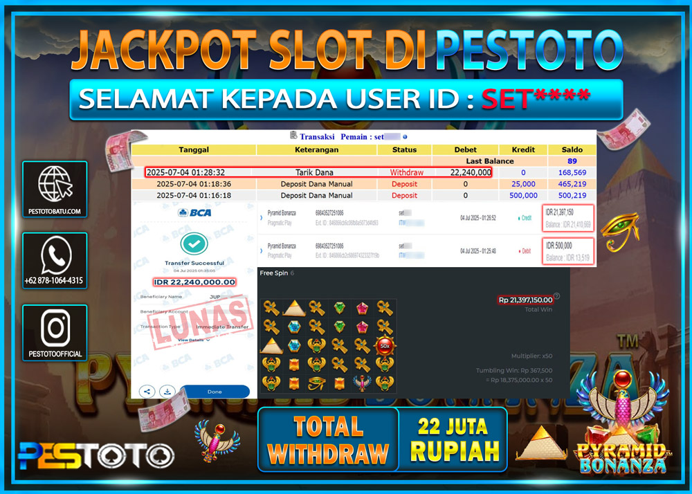 HANYA DI PESTOTO JP PASTI DI BAYAR LUNAS DAN CEPAT!!!!!! JP SLOT GAMES { PYRAMID BONANZA } Rp. 22.240.000 !!!