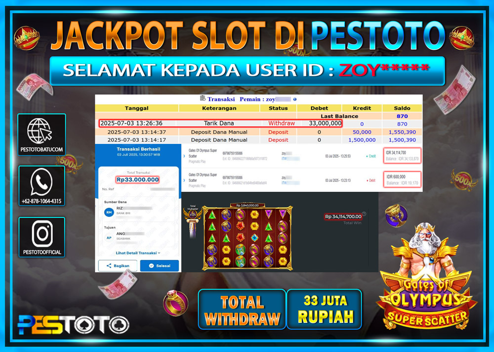 HANYA DI PESTOTO JP PASTI DI BAYAR LUNAS DAN CEPAT!!!!!! JP SLOT { GATES OF OLYMPUS SUPER SCATTER } Rp. 33.000.000 !!!