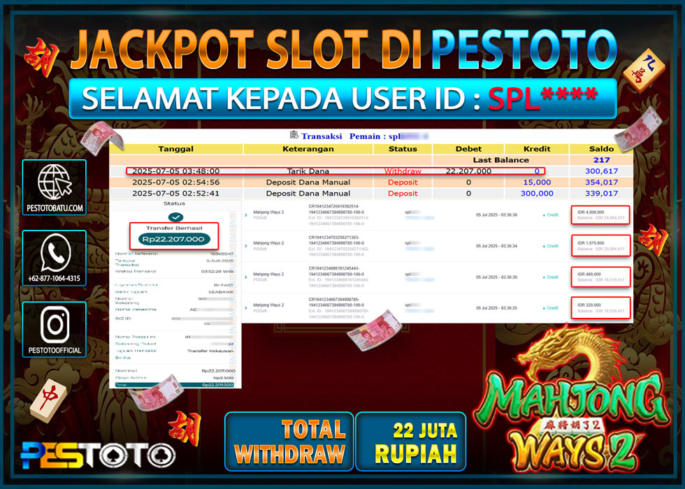 HANYA DI PESTOTO JP PASTI DI BAYAR LUNAS DAN CEPAT!!!!!! JP SLOT { MAHJONG WAYS 2 } Rp. 22.207.000 !!!
