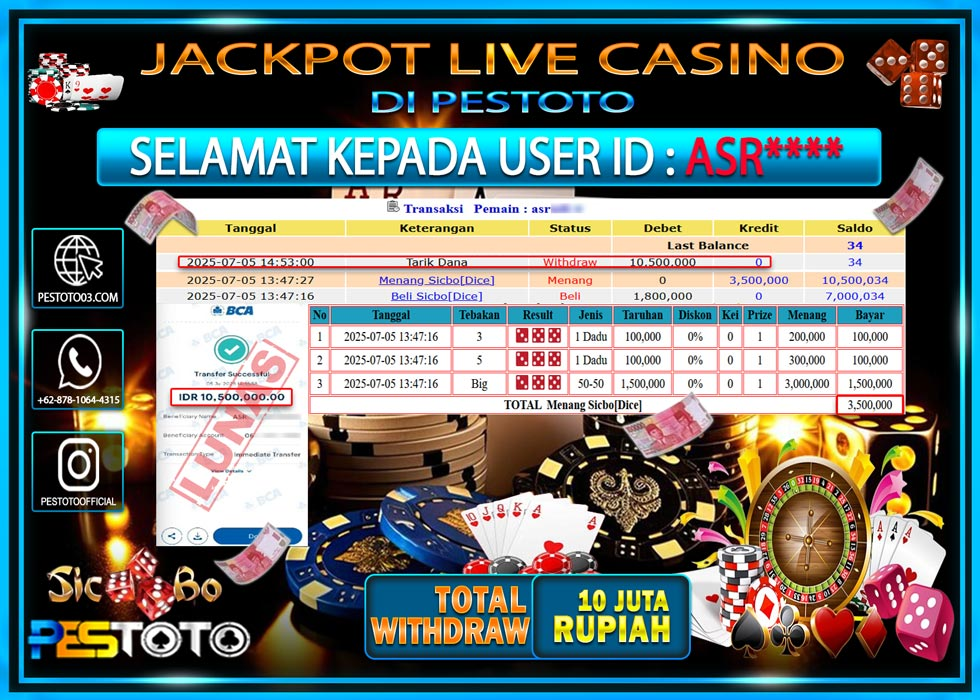 HANYA DI PESTOTO JP PASTI DI BAYAR LUNAS DAN CEPAT!!!!!! JP LIVE GAMES { SICBO DICE } Rp. 10.500.000 !!!