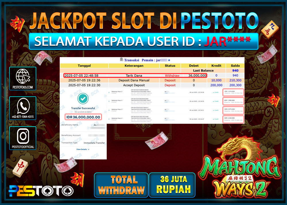 HANYA DI PESTOTO JP PASTI DI BAYAR LUNAS DAN CEPAT!!!!!! JP SLOT { MAHJONG WAYS 2 } Rp. 36.000.000 !!!