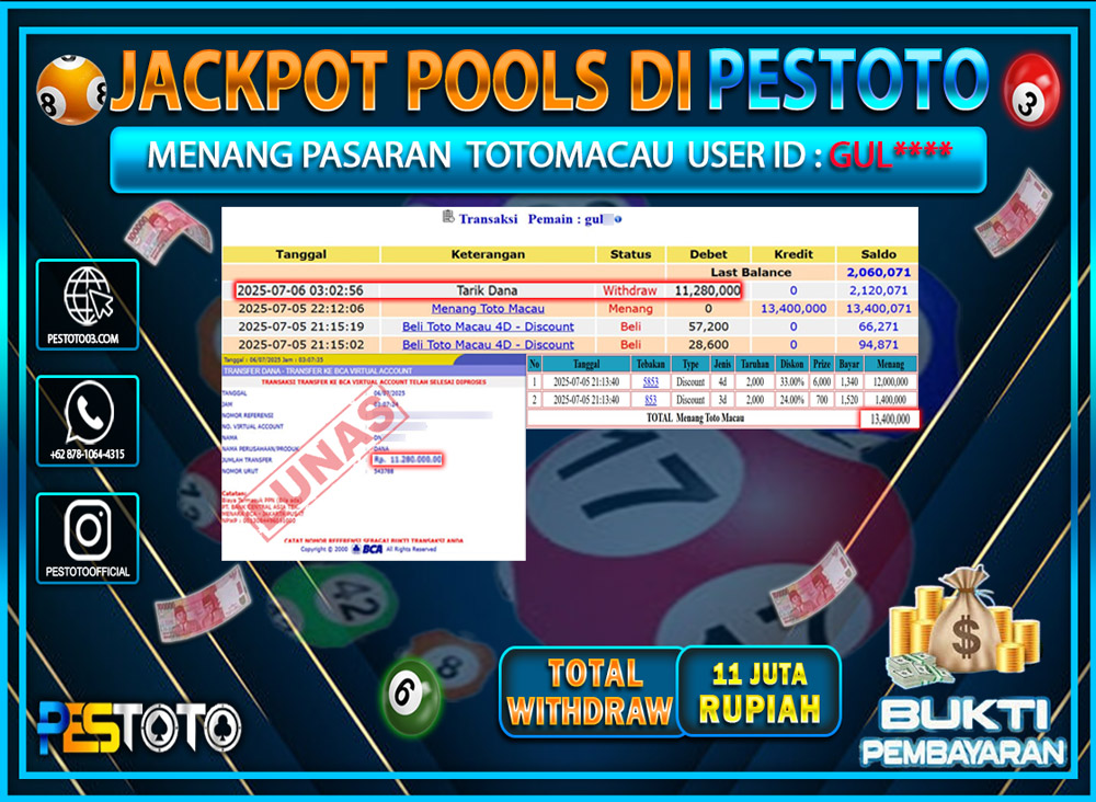 HANYA DI PESTOTO JP PASTI DI BAYAR LUNAS DAN CEPAT!!!!!! JP TOGEL { TOTO MACAU } Rp. 11.000.000 !!!