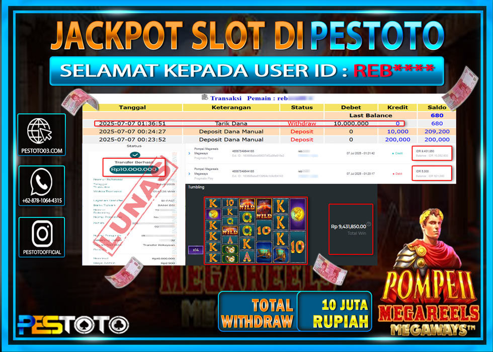 HANYA DI PESTOTO JP PASTI DI BAYAR LUNAS DAN CEPAT!!!!!! JP SLOT { POMPEII MEGAREELS MEGAWAYS } Rp. 10.000.000 !!!