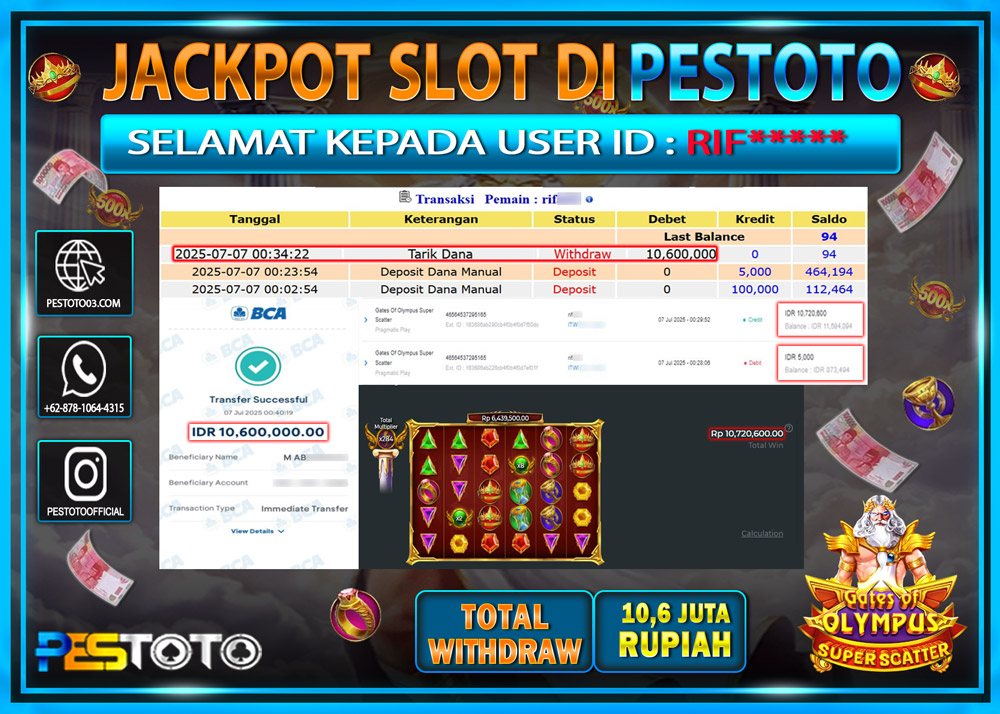 HANYA DI PESTOTO JP PASTI DI BAYAR LUNAS DAN CEPAT!!!!!! JP SLOT { GATES OF OLYMPUS SUPER SCATTER } Rp. 10.600.000 !!!