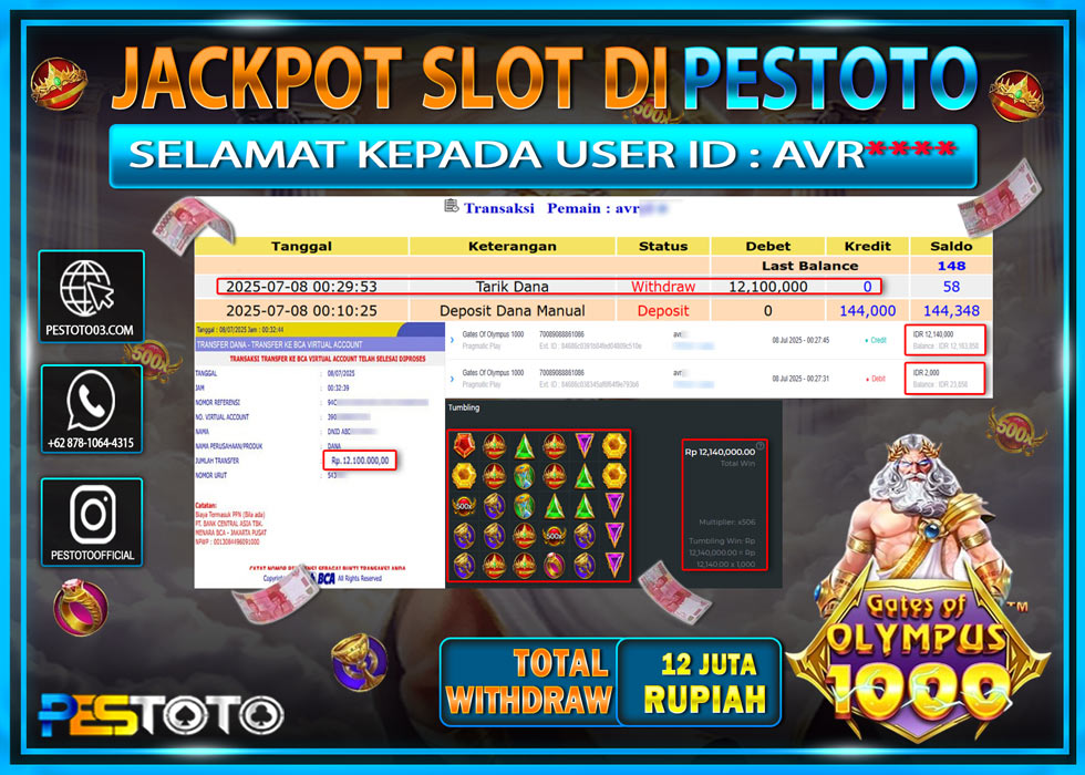 HANYA DI PESTOTO JP PASTI DI BAYAR LUNAS DAN CEPAT!!!!!! JP SLOT { GATE OF OLYMPUS 1000 } Rp. 12.100.000 !!!