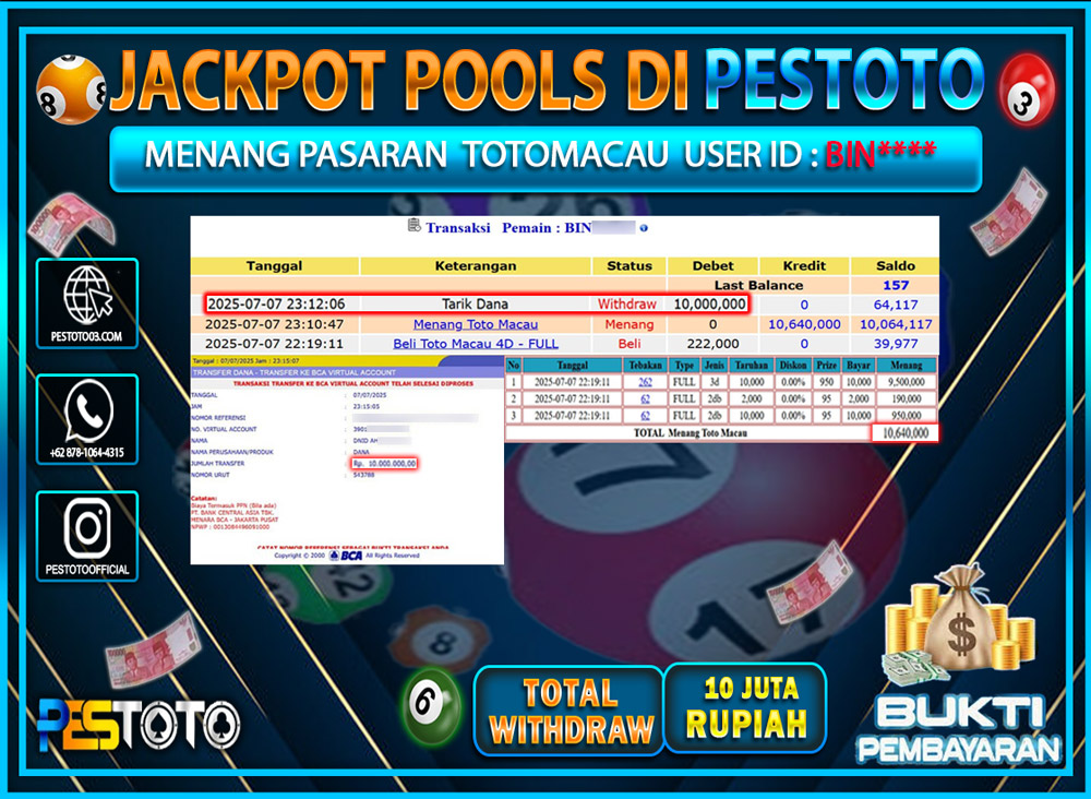 HANYA DI PESTOTO JP PASTI DI BAYAR LUNAS DAN CEPAT!!!!!! JP TOGEL { TOTO MACAU } Rp. 10.000.000 !!!