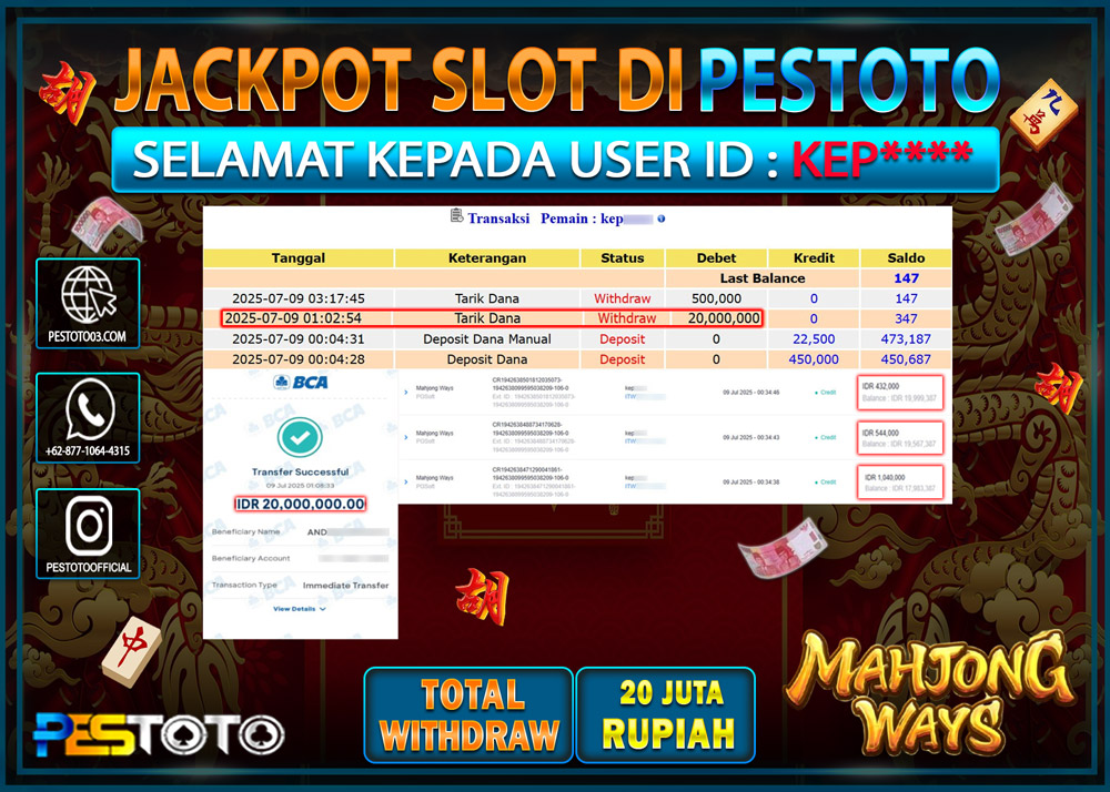 HANYA DI PESTOTO JP PASTI DI BAYAR LUNAS DAN CEPAT!!!!!! JP SLOT { MAHJONG WAYS  } Rp. 20.000.000 !!!