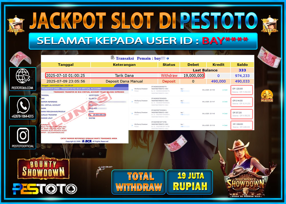 HANYA DI PESTOTO JP PASTI DI BAYAR LUNAS DAN CEPAT!!!!!! JP SLOT { WILD BOUNTY SHOWDOWN  } Rp. 19.000.000 !!!