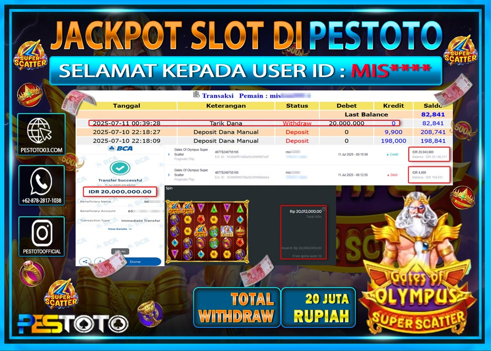 HANYA DI PESTOTO JP PASTI DI BAYAR LUNAS DAN CEPAT!!!!!! JP SLOT { GATES OF OLYMPUS SUPER SCATTER } Rp. 20.000.000 !!!