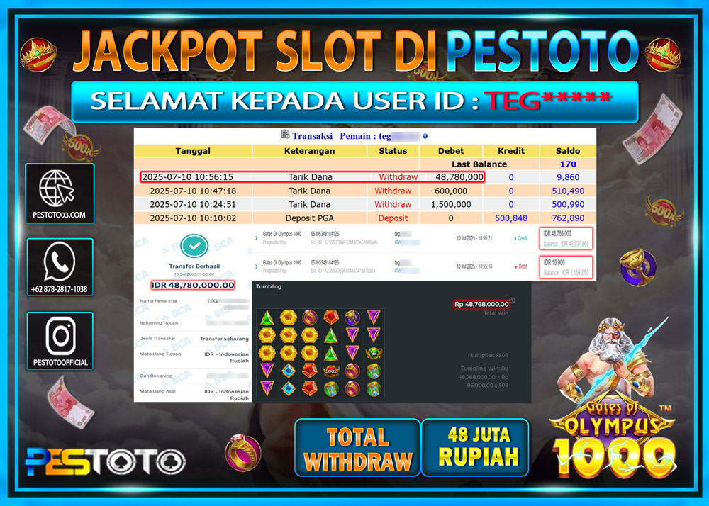 HANYA DI PESTOTO JP PASTI DI BAYAR LUNAS DAN CEPAT!!!!!! JP SLOT { GATES OF OLYMPUS 1000 } Rp. 48.000.000 !!!