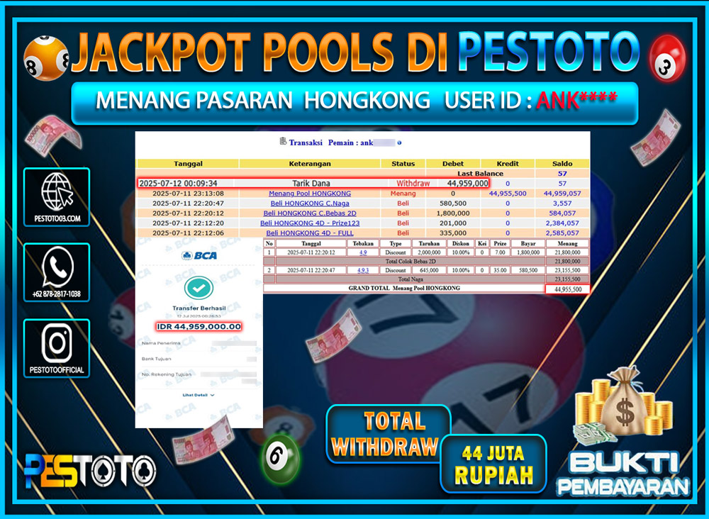 HANYA DI PESTOTO JP PASTI DI BAYAR LUNAS DAN CEPAT!!!!!! JP TOGEL { HONGKONG LOTTO } Rp. 44.000.000 !!!