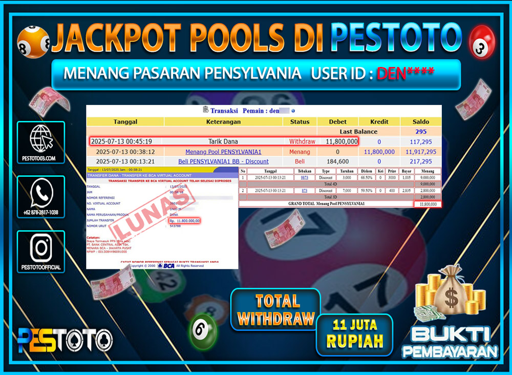 HANYA DI PESTOTO JP PASTI DI BAYAR LUNAS DAN CEPAT!!!!!! JP TOGEL { PENNSYLVANIA } Rp. 11.800.000 !!!
