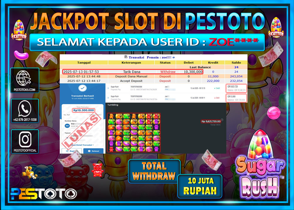 HANYA DI PESTOTO JP PASTI DI BAYAR LUNAS DAN CEPAT!!!!!! JP SLOT { SUGAR RUSH } Rp. 10.300.000 !!!