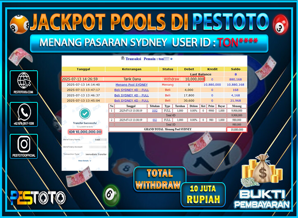 HANYA DI PESTOTO JP PASTI DI BAYAR LUNAS DAN CEPAT!!!! JP TOGEL { SYDNEY } Rp. 10.000.000 !!!