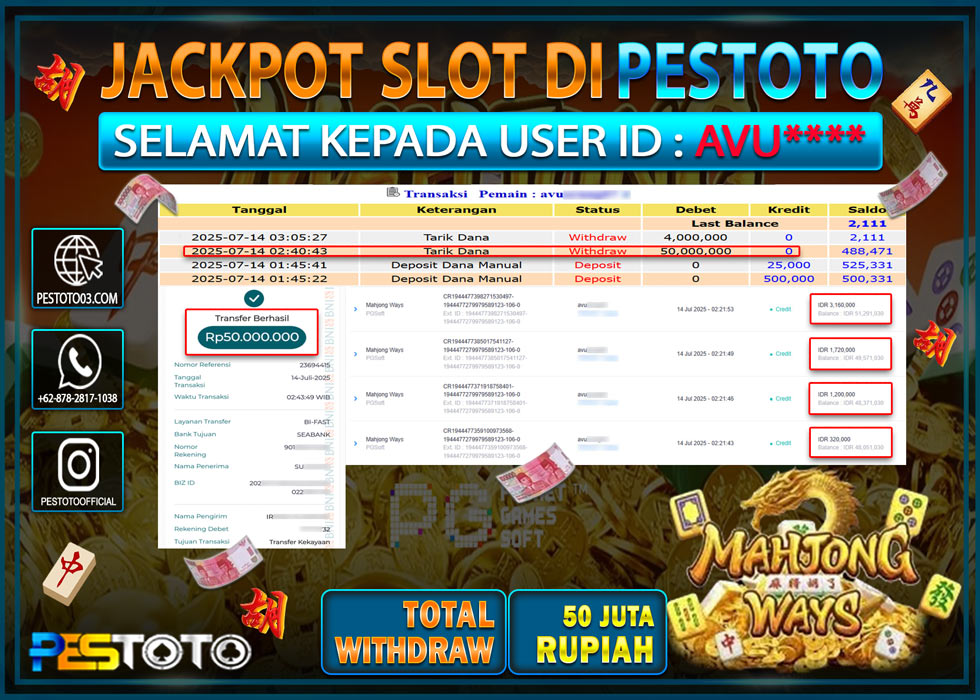 HANYA DI PESTOTO JP PASTI DI BAYAR LUNAS DAN CEPAT!!!!!! JP SLOT { MAHJONG WAYS } Rp. 50.000.000 !!!