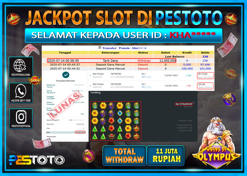 HANYA DI PESTOTO JP PASTI DI BAYAR LUNAS DAN CEPAT!!!!!! JP SLOT { GATES OF OLYMPUS } Rp. 11.000.000 !!!