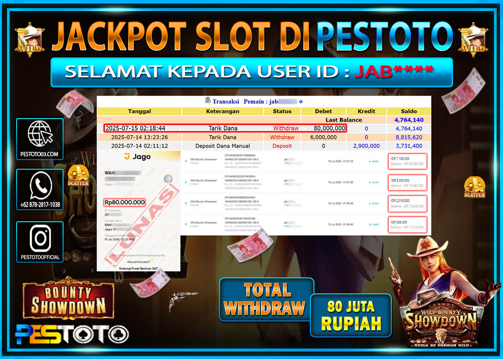 HANYA DI PESTOTO JP PASTI DI BAYAR LUNAS DAN CEPAT!!!! JP SLOT { WILD BOUNTY SHOWDOWN } Rp. 80.000.000 !!!