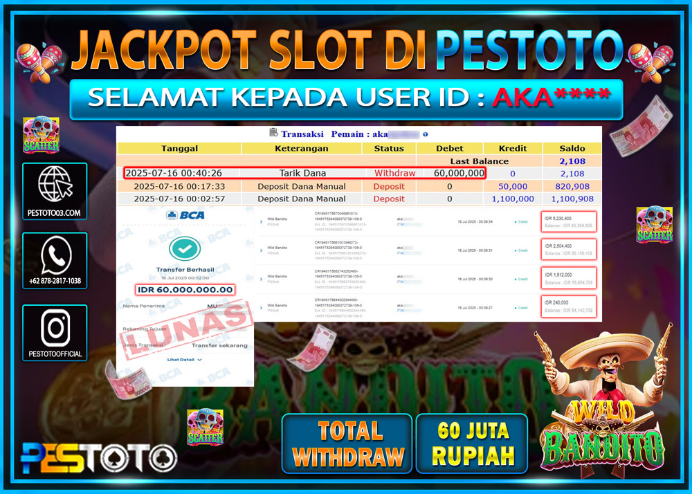 HANYA DI PESTOTO JP PASTI DI BAYAR LUNAS DAN CEPAT!!!! JP SLOT { WILD BANDITO } Rp. 60.000.000 !!!