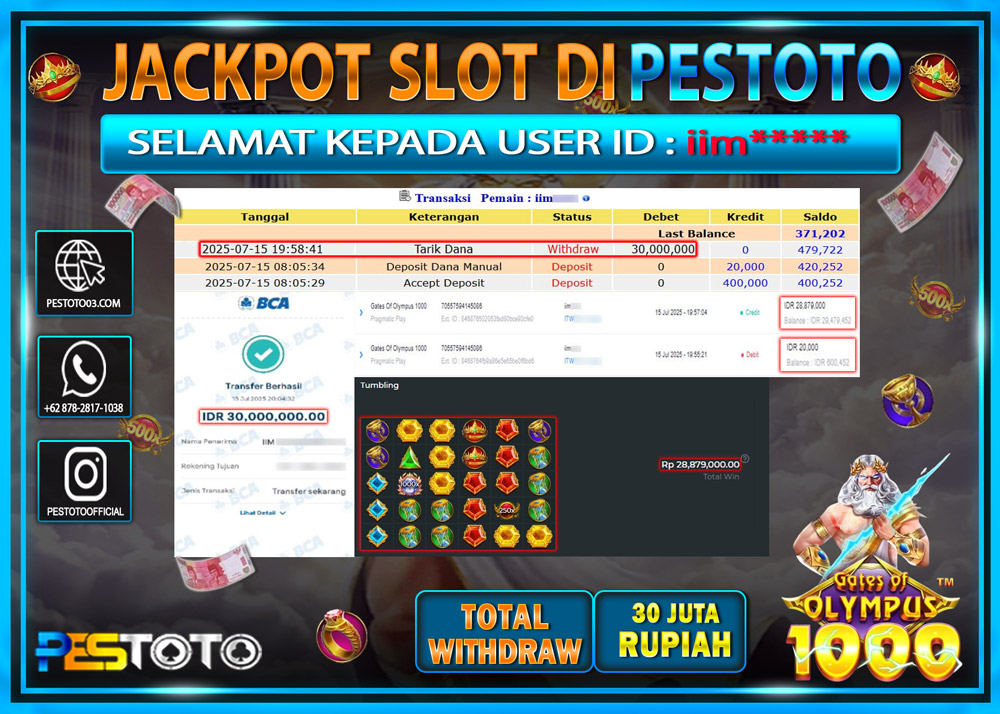 HANYA DI PESTOTO JP PASTI DI BAYAR LUNAS DAN CEPAT!!!! JP SLOT { GATES OF OLYMPUS 1000 } Rp. 30.000.000 !!!