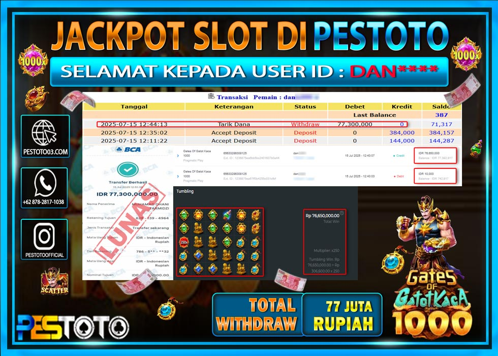 HANYA DI PESTOTO JP PASTI DI BAYAR LUNAS DAN CEPAT!!!! JP SLOT { GATES OF GATOT KACA 1000 } Rp. 77.300.000 !!!