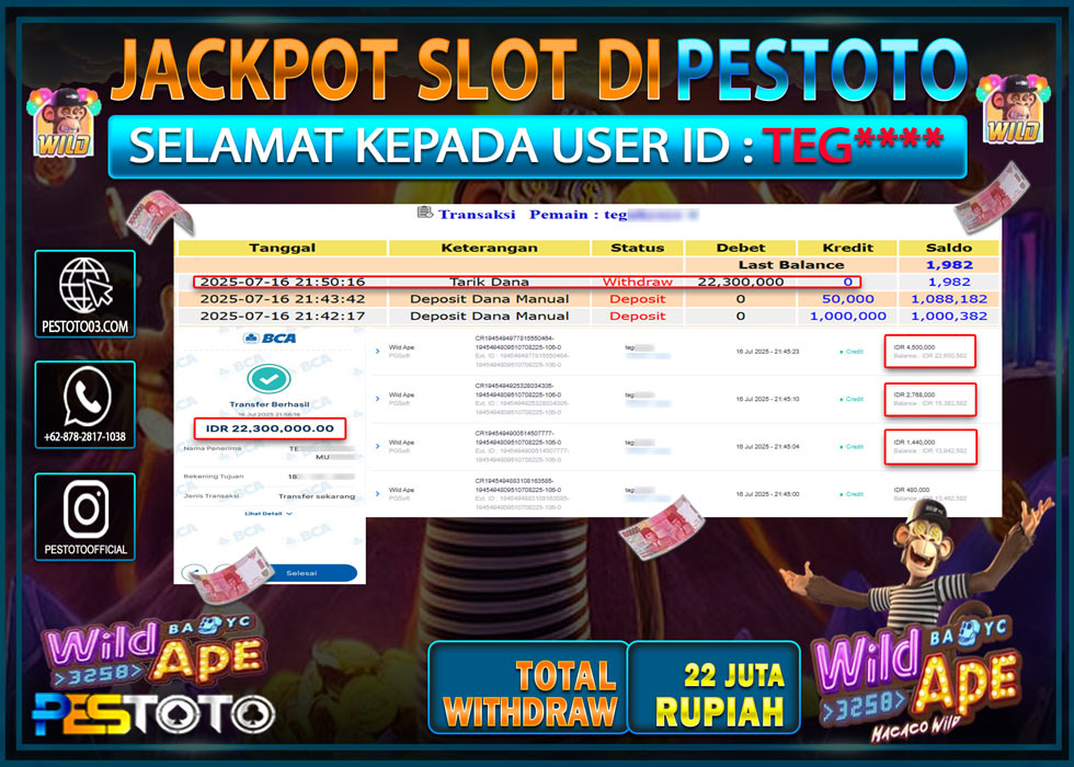 HANYA DI PESTOTO JP PASTI DI BAYAR LUNAS DAN CEPAT!!!! JP SLOT { WILD APE } Rp. 22.300.000 !!!