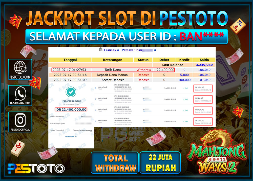 HANYA DI PESTOTO JP PASTI DI BAYAR LUNAS DAN CEPAT!!!! JP SLOT { MAHJONG WAYS 2 } Rp. 22.400.000 !!!