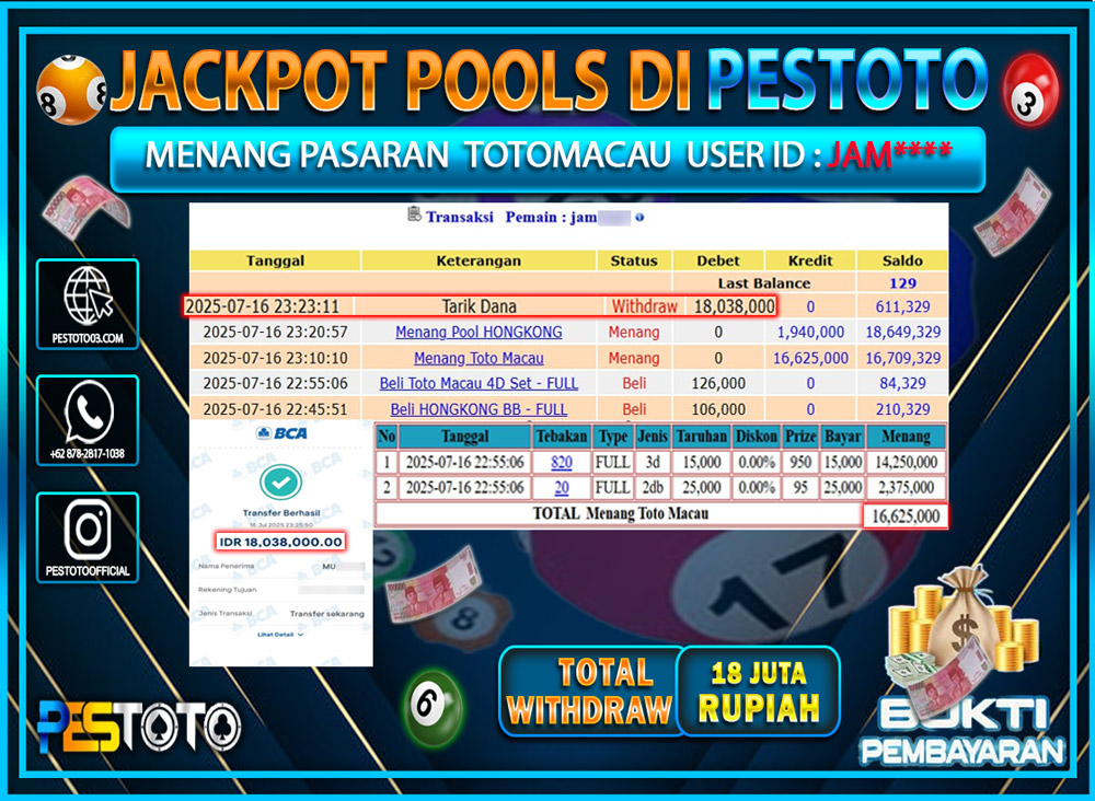 HANYA DI PESTOTO JP PASTI DI BAYAR LUNAS DAN CEPAT!!!! JP TOGEL { TOTOMACAU } Rp. 18.038.000 !!!